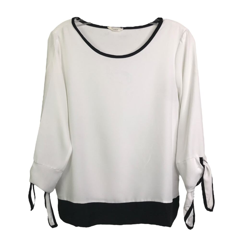 Les Amis Blouse Womens Size‎ S White Black Long Tie Sleeve Scoop Neck Pullover